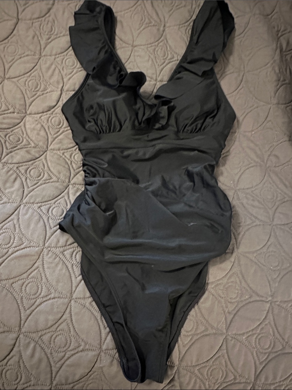 Classic Black womens' One-Piece Swimsuit - Ruffle Shoulder